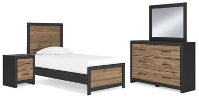 Vertani Twin Panel Bed with Mirrored Dresser and Nightstand, Black