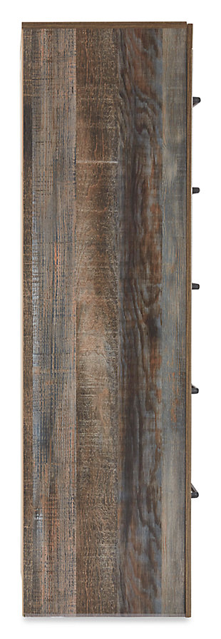 When merged in just the right way, rustic and industrial styles can make one happy marriage. Case in point: the Drystan narrow chest. A refined take on barn board beauty, its complex, replicated wood grain showcases hints of burnt orange and teal tones for a sense of weatherworn authenticity. Elongated drawer pulls elevate the aesthetic.Made of engineered wood and decorative laminate | Brown rustic finish with burnt orange and teal accents in a replicated wood grain with authentic touch | 5 smooth-gliding drawers | Drawers lined with faux linen laminate | Dark-tone industrial hardware | Small Space Solution | Includes tipover restraint device | Safety is a top priority, clothing storage units are designed to meet the most current standard for stability, ASTM F 2057 (ASTM International) | Drawers extend out to accommodate maximum access to drawer interior while maintaining safety