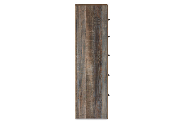 When merged in just the right way, rustic and industrial styles can make one happy marriage. Case in point: the Drystan narrow chest. A refined take on barn board beauty, its complex, replicated wood grain showcases hints of burnt orange and teal tones for a sense of weatherworn authenticity. Elongated drawer pulls elevate the aesthetic.Made of engineered wood and decorative laminate | Brown rustic finish with burnt orange and teal accents in a replicated wood grain with authentic touch | 5 smooth-gliding drawers | Drawers lined with faux linen laminate | Dark-tone industrial hardware | Small Space Solution | Includes tipover restraint device | Safety is a top priority, clothing storage units are designed to meet the most current standard for stability, ASTM F 2057 (ASTM International) | Drawers extend out to accommodate maximum access to drawer interior while maintaining safety