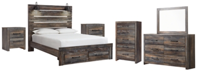 Drystan Queen Panel Bed with 2 Storage Drawers with Mirrored Dresser, Chest and 2 Nightstands, Multi