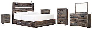 Drystan King Panel Bed with 4 Storage Drawers with Mirrored Dresser, Chest and 2 Nightstands, , large