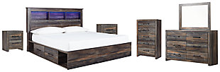 Drystan King Bookcase Bed with 2 Storage Drawers with Mirrored Dresser, Chest and 2 Nightstands, , large