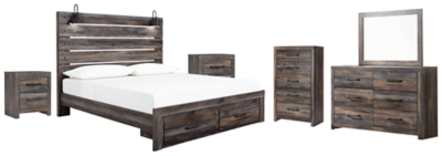 Drystan King Panel Bed with Storage with Mirrored Dresser, Chest and 2 Nightstands, Multi