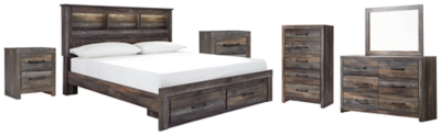 Drystan King Bookcase Bed with 2 Storage Drawers with Mirrored Dresser, Chest and 2 Nightstands, Multi