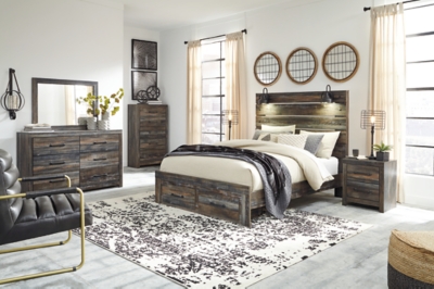 Drystan Queen Panel Bed with 2 Storage Drawers with Mirrored Dresser, Chest and 2 Nightstands, Multi, rollover