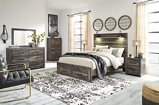 Drystan Queen Panel Bed with 2 Storage Drawers with Mirrored Dresser, Chest and 2 Nightstands, Multi, rollover