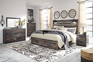 Drystan King Panel Bed with Storage with Mirrored Dresser, Chest and 2 Nightstands, Multi, rollover
