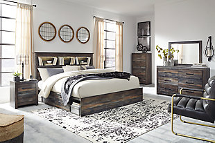 Drystan King Bookcase Bed with 2 Storage Drawers with Mirrored Dresser, Chest and 2 Nightstands, , rollover