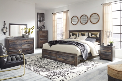 Drystan Queen Bookcase Bed with 2 Storage Drawers with Mirrored Dresser and 2 Nightstands, Multi, rollover