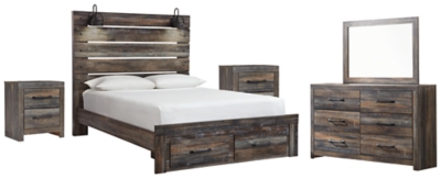 Drystan Queen Panel Bed with 2 Storage Drawers with Mirrored Dresser and 2 Nightstands, Multi