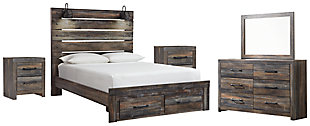 Drystan Queen Panel Bed with 2 Storage Drawers with Mirrored Dresser and 2 Nightstands, Multi, large