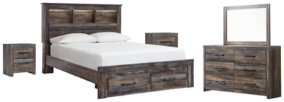 Drystan Queen Bookcase Bed with 2 Storage Drawers with Mirrored Dresser and 2 Nightstands, Multi, large