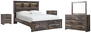 Drystan Queen Bookcase Bed with 2 Storage Drawers with Mirrored Dresser and 2 Nightstands, Multi, large