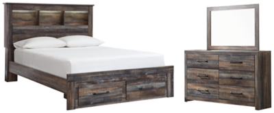 Drystan Queen Bookcase Bed with 2 Storage Drawers with Mirrored Dresser, Multi, large