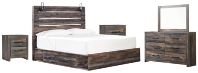 Drystan King Panel Bed with 4 Storage Drawers with Mirrored Dresser and 2 Nightstands