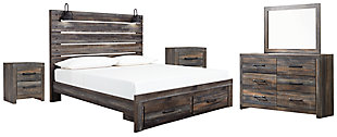 Drystan King Panel Bed with Storage with Mirrored Dresser and 2 Nightstands, Multi, large