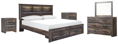 Drystan King Bookcase Bed with 2 Storage Drawers with Mirrored Dresser and 2 Nightstands, Multi, large