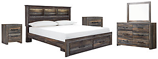 Drystan King Bookcase Bed with 2 Storage Drawers with Mirrored Dresser and 2 Nightstands, Multi, large