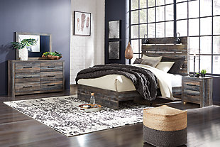 Drystan Queen Panel Bed with Mirrored Dresser and 2 Nightstands, Multi, rollover
