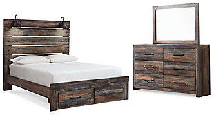 Drystan Queen Panel Bed with 2 Storage Drawers with Mirrored Dresser, Multi, large