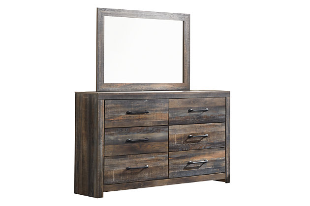When merged in just the right way, rustic and industrial styles can make one happy marriage. Case in point: the Drystan dresser and mirror set. A refined take on barn board beauty, its complex, replicated wood grain showcases hints of burnt orange and teal tones for a sense of weatherworn authenticity. Elongated metal drawer pulls elevate the aesthetic.Made of engineered wood with replicated grain | 6 smooth-gliding drawers | Drawers lined with faux linen laminate for finished aesthetic | Dark-tone industrial hardware | Mirror attaches to back of dresser | Assembly required | Includes tipover restraint device