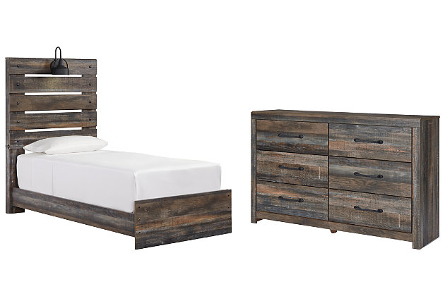 When merged in just the right way, rustic and industrial styles can make one happy marriage. Case in point: the Drystan bedroom set with panel bed and dresser. A refined take on barn board beauty, its complex, replicated wood grain showcases hints of burnt orange and teal tones for a sense of weatherworn authenticity. Love to read in bed? You’re sure to find the retro-chic light sconce and USB plug-ins on the open-slat style headboard such a bright idea. Elongated metal drawer pulls elevate the aesthetic.Includes bed (headboard, footboard and rails) and 6-drawer dresser | Made of engineered wood and decorative laminate | Brown rustic finish with burnt orange and teal accents in a replicated woodgrain with authentic touch | Dark-tone industrial hardware | Dresser with smooth-gliding drawers lined with faux linen laminate for finished aesthetic | Headboard with decorative sconce light, LED with 3AA batteries; 2 slim-profile USB charging ports | Power cord included; UL Listed | Foundation/box spring required, sold separately; mattress available, sold separately | Safety is a top priority, clothing storage units are designed to meet the most current standard for stability, ASTM F 2057 (ASTM International) | Drawers extend out to accommodate maximum access to drawer interior while maintaining safety | Assembly required | Estimated Assembly Time: 10 Minutes