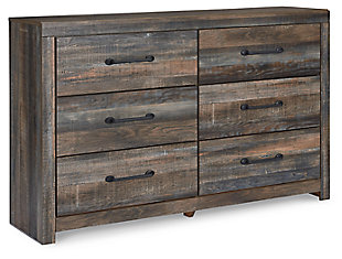 When merged in just the right way, rustic and industrial styles can make one happy marriage. Case in point: the Drystan bedroom set with panel bed and dresser. A refined take on barn board beauty, its complex, replicated wood grain showcases hints of burnt orange and teal tones for a sense of weatherworn authenticity. Love to read in bed? You’re sure to find the retro-chic light sconce and USB plug-ins on the open-slat style headboard such a bright idea. Elongated metal drawer pulls elevate the aesthetic.Includes bed (headboard, footboard and rails) and 6-drawer dresser | Made of engineered wood and decorative laminate | Brown rustic finish with burnt orange and teal accents in a replicated woodgrain with authentic touch | Dark-tone industrial hardware | Dresser with smooth-gliding drawers lined with faux linen laminate for finished aesthetic | Headboard with decorative sconce light, LED with 3AA batteries; 2 slim-profile USB charging ports | Power cord included; UL Listed | Foundation/box spring required, sold separately; mattress available, sold separately | Safety is a top priority, clothing storage units are designed to meet the most current standard for stability, ASTM F 2057 (ASTM International) | Drawers extend out to accommodate maximum access to drawer interior while maintaining safety | Assembly required | Estimated Assembly Time: 10 Minutes