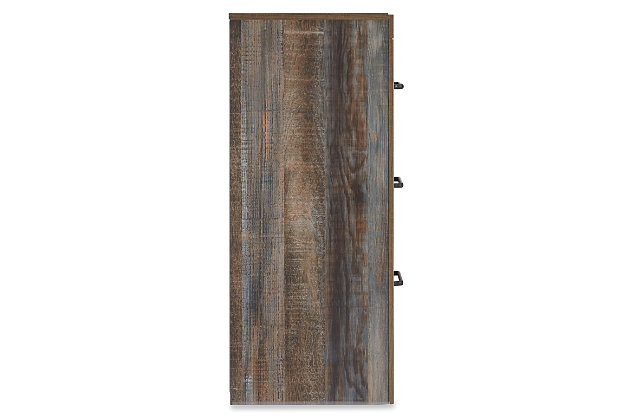 When merged in just the right way, rustic and industrial styles can make one happy marriage. Case in point: the Drystan dresser. A refined take on barn board beauty, its complex, replicated wood grain showcases hints of burnt orange and teal tones for a sense of weatherworn authenticity. Elongated drawer pulls elevate the aesthetic.Dresser only | Made of engineered wood and decorative laminate | Brown rustic finish with burnt orange and teal accents in a replicated wood grain with authentic touch | Dark-tone industrial hardware | 6 smooth-gliding drawers | Drawer interiors are lined with a faux linen laminate for a clean, finished look | Safety is a top priority, clothing storage units are designed to meet the most current standard for stability, ASTM F 2057 (ASTM International) | Drawers extend out to accommodate maximum access to drawer interior while maintaining safety