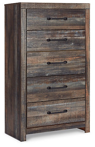 When merged in just the right way, rustic and industrial styles can make one happy marriage. Case in point: the Drystan chest. A refined take on barn board beauty, its complex, replicated wood grain showcases hints of burnt orange and teal tones for a sense of weatherworn authenticity. Elongated drawer pulls elevate the aesthetic.Made of engineered wood (MDF/particleboard) and decorative laminate | Brown rustic finish with burnt orange and teal accents in a replicated wood grain with authentic touch | Dark-tone industrial hardware | 5 smooth-gliding drawers | Drawers lined with faux linen laminate | Includes tipover restraint device | Small Space Solution | Safety is a top priority, clothing storage units are designed to meet the most current standard for stability, ASTM F 2057 (ASTM International) | Drawers extend out to accommodate maximum access to drawer interior while maintaining safety