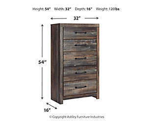 When merged in just the right way, rustic and industrial styles can make one happy marriage. Case in point: the Drystan chest. A refined take on barn board beauty, its complex, replicated wood grain showcases hints of burnt orange and teal tones for a sense of weatherworn authenticity. Elongated drawer pulls elevate the aesthetic.Made of engineered wood (MDF/particleboard) and decorative laminate | Brown rustic finish with burnt orange and teal accents in a replicated wood grain with authentic touch | Dark-tone industrial hardware | 5 smooth-gliding drawers | Drawers lined with faux linen laminate | Includes tipover restraint device | Small Space Solution | Safety is a top priority, clothing storage units are designed to meet the most current standard for stability, ASTM F 2057 (ASTM International) | Drawers extend out to accommodate maximum access to drawer interior while maintaining safety