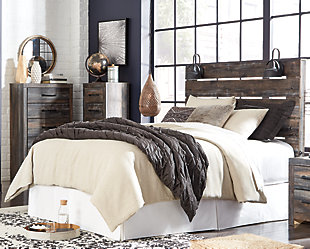 When merged in just the right way, rustic and industrial styles can make one happy marriage. Case in point: the Drystan queen panel headboard. A refined take on barn board beauty, its complex, replicated wood grain showcases hints of burnt orange and teal tones for a sense of weatherworn authenticity. Love to read in bed? You’re sure to find the pair of retro-chic light sconces and USB plug-ins on the open-slat style headboard such a bright idea.Headboard only | Hardware not included | Made of engineered wood (MDF/particleboard) and decorative laminate | Brown rustic finish with burnt orange and teal accents in a replicated wood grain with authentic touch | 2 decorative sconce lights, LED with 3 AA batteries | Dual USB charger | Power cord included; UL Listed | ¼" bolts are needed to attach headboard to existing bed frame | Bolt length depends on thickness of your bed frame | Assembly required