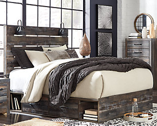 When merged in just the right way, rustic and industrial styles can make one happy marriage. Case in point: the Drystan queen panel bed with storage. A refined take on barn board beauty, its complex, replicated wood grain showcases hints of burnt orange and teal tones for a sense of weatherworn authenticity. Love to read in bed? You’re sure to find the pair of retro-chic light sconces and USB plug-ins on the open-slat style headboard such a bright idea. Underneath the bed: four smooth-gliding drawers and four open cubbies that accommodate casually cool storage bins.Includes headboard, footboard, platform rails, side storage unit and wood roll slats | Made of engineered wood (MDF/particleboard) and decorative laminate | Brown rustic finish with burnt orange and teal accents in a replicated wood grain with authentic touch | 4 drawers and 4 open cubbies that each accommodate 10.5"W x 10.5"D x 11"H cube storage bin (not provided) | 2 decorative sconce LED lights, each runs on 3AA batteries | 2 USB charging ports  | Power cord included; UL Listed | Bed does not require a foundation/box spring | Dark-tone industrial hardware | Assembly required | Small Space Solution | Mattress available, sold separately | Estimated Assembly Time: 15 Minutes