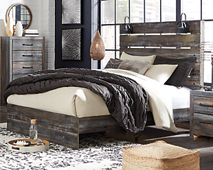 When merged in just the right way, rustic and industrial styles can make one happy marriage. Case in point: the Drystan queen panel bed. A refined take on barn board beauty, its complex, replicated wood grain showcases hints of burnt orange and teal tones for a sense of weatherworn authenticity. Love to read in bed? You’re sure to find the pair of retro-chic light sconces and USB plug-ins on the open-slat style headboard such a bright idea. Mattress and foundation/box spring available, sold separately.Includes headboard, footboard and rails | Made of egineered wood (MDF/particleboard) and decorative laminate | Brown rustic finish with burnt orange and teal accents in a replicated wood grain with authentic touch | 2 decorative sconce LED lights, each runs on 3AA batteries | 2 USB charging ports  | Power cord included; UL Listed | Foundation/box spring required, sold separately | Mattress available, sold separately | Assembly required | Estimated Assembly Time: 10 Minutes