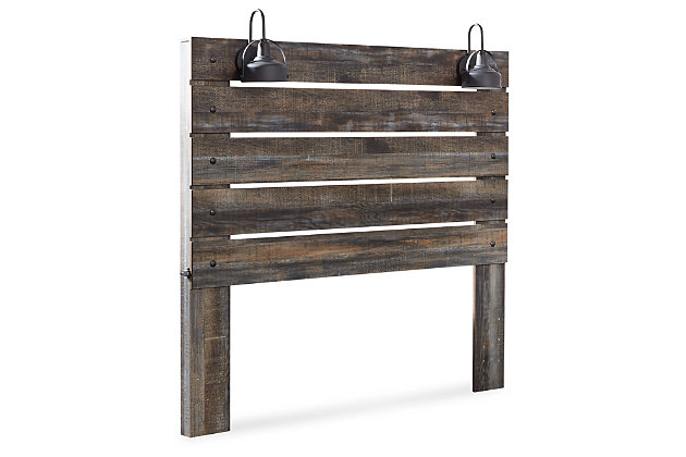 When merged in just the right way, rustic and industrial styles can make one happy marriage. Case in point: the Drystan queen panel headboard. A refined take on barn board beauty, its complex, replicated wood grain showcases hints of burnt orange and teal tones for a sense of weatherworn authenticity. Love to read in bed? You’re sure to find the pair of retro-chic light sconces and USB plug-ins on the open-slat style headboard such a bright idea.Headboard only | Hardware not included | Made of engineered wood (MDF/particleboard) and decorative laminate | Brown rustic finish with burnt orange and teal accents in a replicated wood grain with authentic touch | 2 decorative sconce lights, LED with 3 AA batteries | Dual USB charger | Power cord included; UL Listed | ¼" bolts are needed to attach headboard to existing bed frame | Bolt length depends on thickness of your bed frame | Assembly required