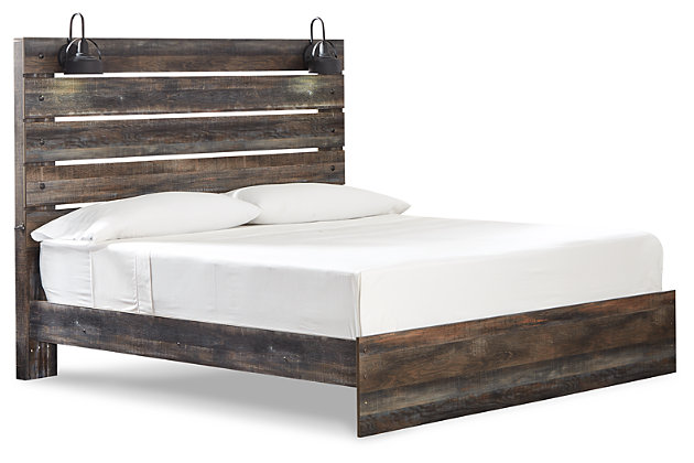 When merged in just the right way, rustic and industrial styles can make one happy marriage. Case in point: the Drystan king panel bed. A refined take on barn board beauty, its complex, replicated wood grain showcases hints of burnt orange and teal tones for a sense of weatherworn authenticity. Love to read in bed? You're sure to find the pair of retro-chic light sconces and USB plug-ins on the open-slat style headboard such a bright idea. Mattress and foundation/box spring available, sold separately.Includes headboard, footboard and rails | Made of egineered wood (MDF/particleboard) and decorative laminate | Brown rustic finish with burnt orange and teal accents in a replicated wood grain with authentic touch | 2 decorative sconce LED lights, each runs on 3AA batteries | 2 USB charging ports  | Power cord included; UL Listed | Foundation/box spring required, sold separately | Mattress available, sold separately | Assembly required | Estimated Assembly Time: 10 Minutes
