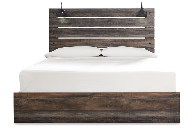When merged in just the right way, rustic and industrial styles can make one happy marriage. Case in point: the Drystan king panel bed. A refined take on barn board beauty, its complex, replicated wood grain showcases hints of burnt orange and teal tones for a sense of weatherworn authenticity. Love to read in bed? You're sure to find the pair of retro-chic light sconces and USB plug-ins on the open-slat style headboard such a bright idea. Mattress and foundation/box spring available, sold separately.Includes headboard, footboard and rails | Made of egineered wood (MDF/particleboard) and decorative laminate | Brown rustic finish with burnt orange and teal accents in a replicated wood grain with authentic touch | 2 decorative sconce LED lights, each runs on 3AA batteries | 2 USB charging ports  | Power cord included; UL Listed | Foundation/box spring required, sold separately | Mattress available, sold separately | Assembly required | Estimated Assembly Time: 10 Minutes
