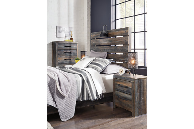 When merged in just the right way, rustic and industrial styles can make one happy marriage. Case in point: the Drystan full panel bed. A refined take on barn board beauty, its complex, replicated wood grain showcases hints of burnt orange and teal tones for a sense of weatherworn authenticity. Love to read in bed? You're sure to find the retro-chic light sconce and USB plug-ins on the open-slat style headboard such a bright idea.Includes headboard, footboard and rails | Made of engineered wood (MDF/particleboard) and decorative laminate | Brown rustic finish with burnt orange and teal accents in a replicated wood grain with authentic touch | Decorative sconce LED light, runs on 3AA batteries | 2 USB charging ports  | Power cord included; UL-listed | Mattress and foundation/box spring available, sold separately | Assembly required | Estimated Assembly Time: 10 Minutes