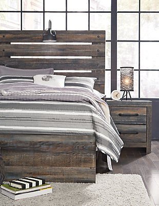 When merged in just the right way, rustic and industrial styles can make one happy marriage. Case in point: the Drystan full panel bed. A refined take on barn board beauty, its complex, replicated wood grain showcases hints of burnt orange and teal tones for a sense of weatherworn authenticity. Love to read in bed? You're sure to find the retro-chic light sconce and USB plug-ins on the open-slat style headboard such a bright idea.Includes headboard, footboard and rails | Made of engineered wood (MDF/particleboard) and decorative laminate | Brown rustic finish with burnt orange and teal accents in a replicated wood grain with authentic touch | Decorative sconce LED light, runs on 3AA batteries | 2 USB charging ports  | Power cord included; UL-listed | Mattress and foundation/box spring available, sold separately | Assembly required | Estimated Assembly Time: 10 Minutes