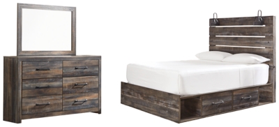Drystan Queen Panel Bed with 4 Storage Drawers with Mirrored Dresser, Multi, large