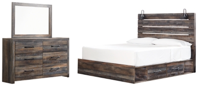 Drystan King Panel Bed with 2 Storage Drawers with Mirrored Dresser, , large