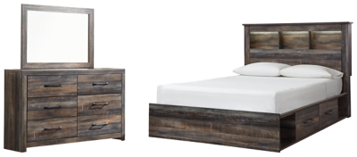 Drystan Queen Bookcase Bed with 4 Storage Drawers with Mirrored Dresser, Multi