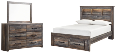 Drystan Full Bookcase Bed with 2 Storage Drawers with Mirrored Dresser, Multi