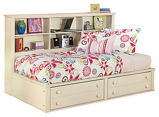 Make her room a sanctuary with the Cottage Retreat twin bookcase bed. Its dreamy, creamy finish appeals to vintage, shabby-chic and feminine aesthetics. Six ample cubbies provide plenty of space for books, keepsakes and personal expression. Mattress sold separately.Headboard with 6 storage cubbies | Includes headboard and platform base with storage | Made of manmade wood | Assembly required | Platform base requires mattress only, no foundation/box spring needed | Base with 2 smooth-operating drawers