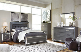Lodanna Queen Panel Bed with Mirrored Dresser and Chest, Gray, rollover