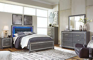 Lodanna Queen Panel Bed with Mirrored Dresser, Gray, rollover