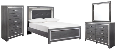 Lodanna Full Panel Bed with Mirrored Dresser and Chest, Gray