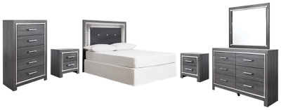 Lodanna Full Upholstered Panel Headboard Bed with Mirrored Dresser, Chest and 2 Nightstands, Gray