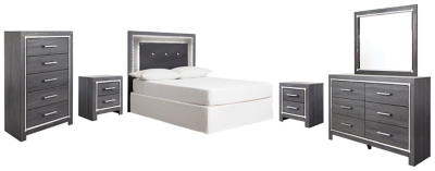 Lodanna Full Upholstered Panel Headboard Bed with Mirrored Dresser, Chest and 2 Nightstands, , large