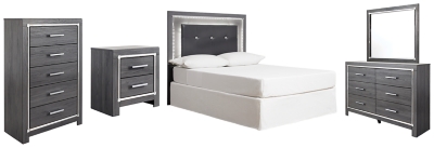 Lodanna Full Upholstered Panel Headboard Bed with Mirrored Dresser, Chest and Nightstand, Gray