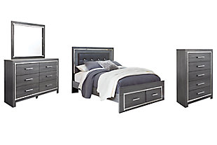Lodanna Queen Panel Bed with 2 Storage Drawers with Mirrored Dresser and Chest, Gray, large